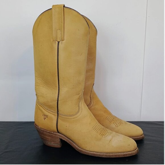 VINTAGE 1990s Frye Banana Tan Leather Pull On Low Heel Western Boho Cowboy Boot - Picture 1 of 5
